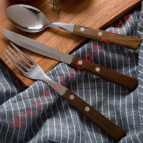 Tramontina Traditional Wooden Handle Cutlery Spoon Fork Steak Knife / Pisau Garpu Sendok Teh Gagang Kayu - Image 3